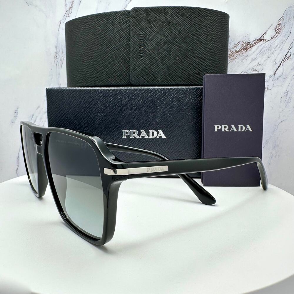 NEW PRADA Sunglasses Black Aviator Pilot 55-17mm Grey Lens Silver Logo - Picture 8 of 16